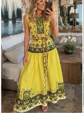 Alemais Bridgette Lime Yellow print midi Dress